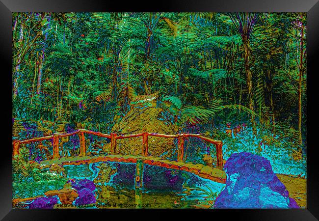 A bamboo bridge at a fish pond in the rain forest  Framed Print by Hanif Setiawan