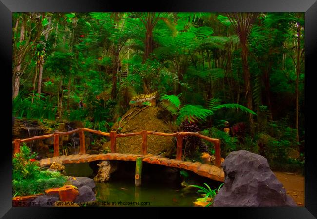 A bamboo bridge at a fish pond in the rain forest  Framed Print by Hanif Setiawan