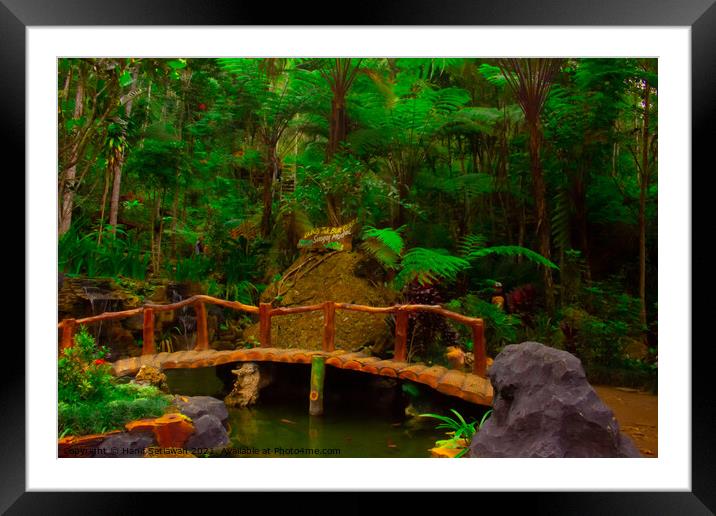A bamboo bridge at a fish pond in the rain forest  Framed Mounted Print by Hanif Setiawan