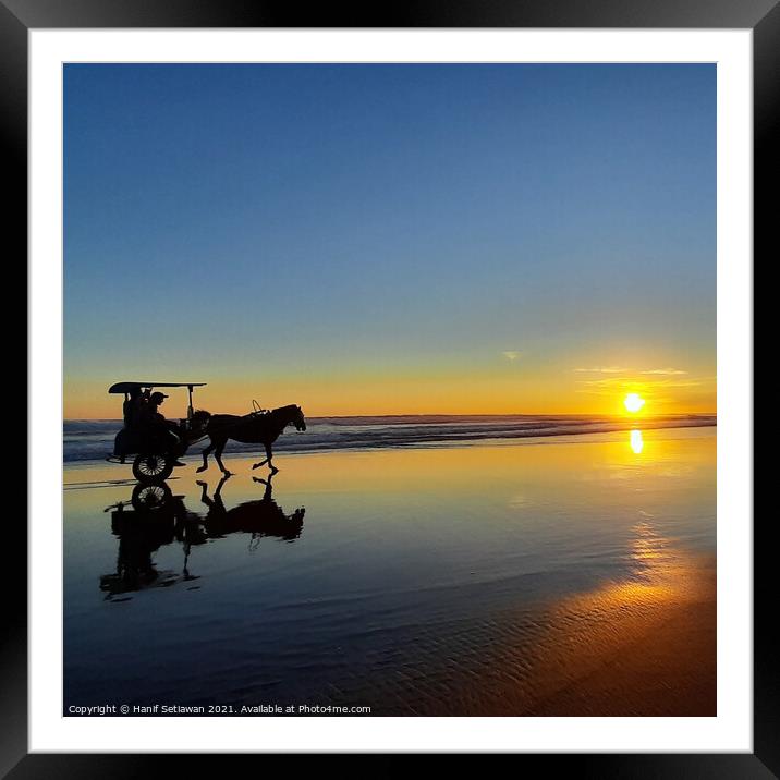 Horse-drawn carriage on sunset beach in square 1 Framed Mounted Print by Hanif Setiawan