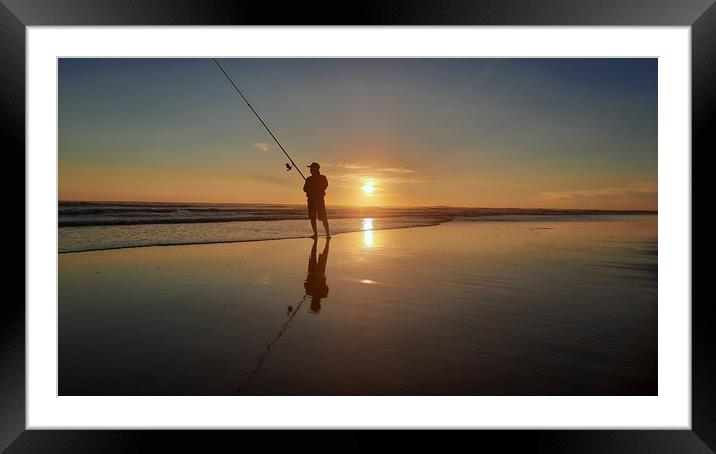 Fisherman on wide sand beach at sunset 1 Framed Mounted Print by Hanif Setiawan