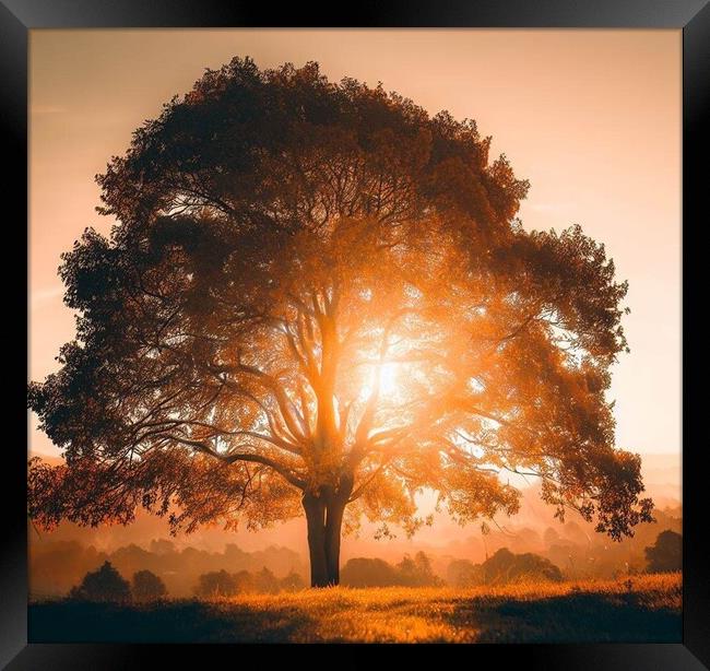 A tree in front of a sunset Framed Print by Paddy 