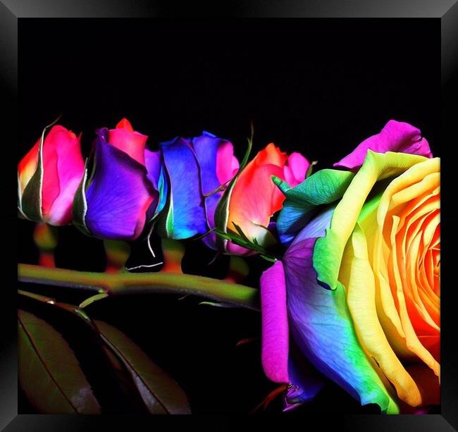 A stunning rainbow rose with a black back ground  Framed Print by Paddy 