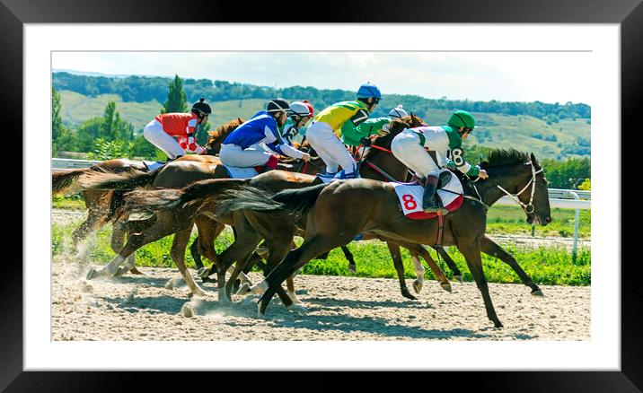 Horse race in Pyatigorsk hippodrome. Framed Mounted Print by Mikhail Pogosov