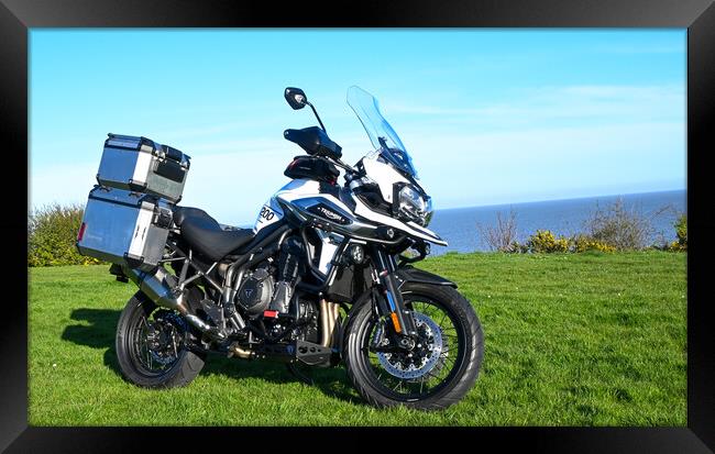 Triumph Tiger 1200 Motorbike by the sea Framed Print by Paula Tracy