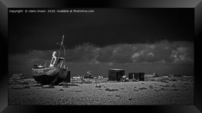 Dramatic Skies on Dungeness Framed Print by claire chown