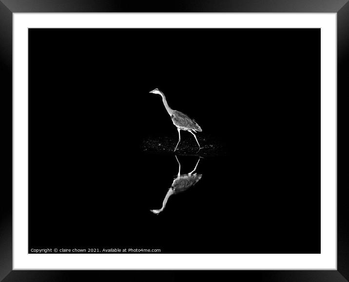 Reflective Grey Heron Framed Mounted Print by claire chown