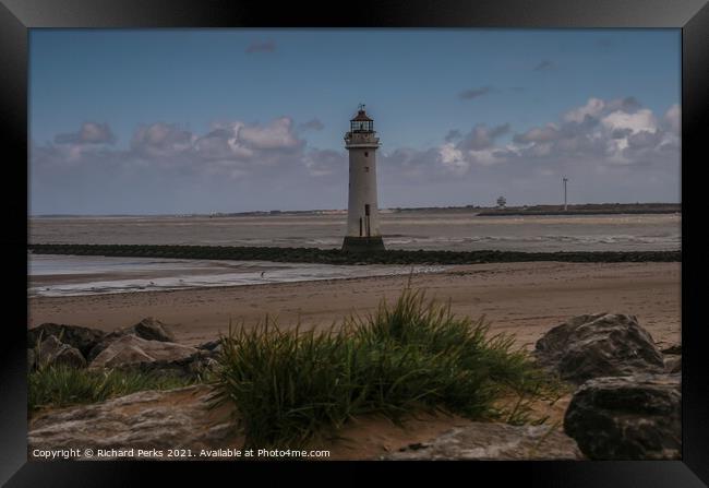 Low tides at New Brighton Lighthouse Framed Print by Richard Perks