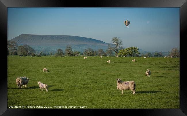 Hot Air Balloon ride over Pendle Hill Framed Print by Richard Perks
