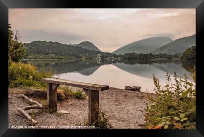Grasmere wooden seat at Sunrise Framed Print by Richard Perks