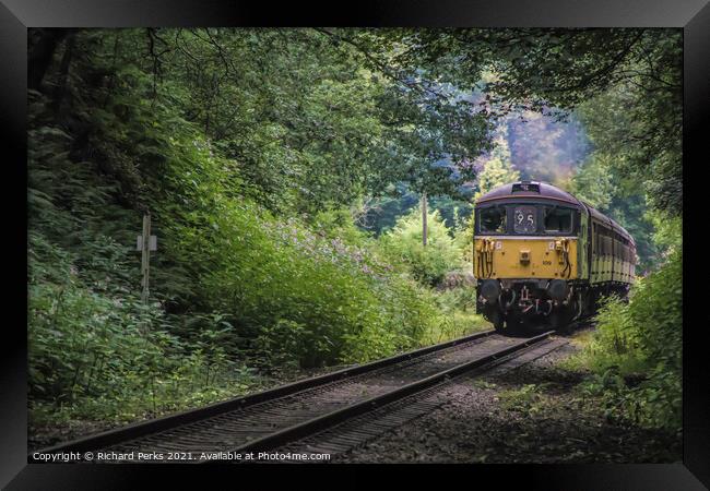 Heritage Diesel train framed by the trees Framed Print by Richard Perks