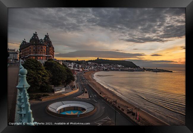 Scarborough`s Grand Hotel and beach Framed Print by Richard Perks