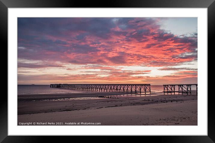 Fiery Sunrise over Steetley Pier Framed Mounted Print by Richard Perks