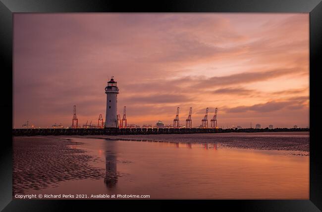 New Brighton Lighthouse and Seaforth Docks at Sunr Framed Print by Richard Perks