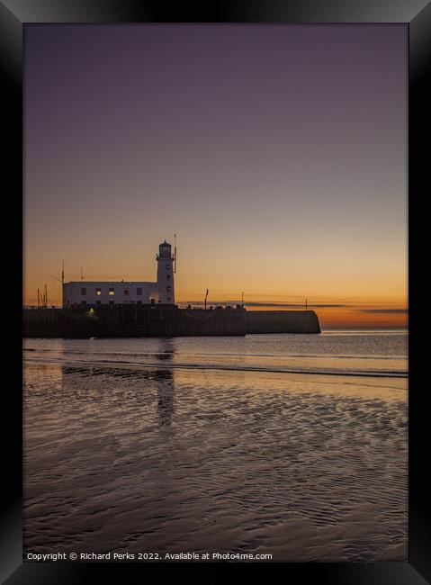 Scarborough Lighthouse at dawn Framed Print by Richard Perks
