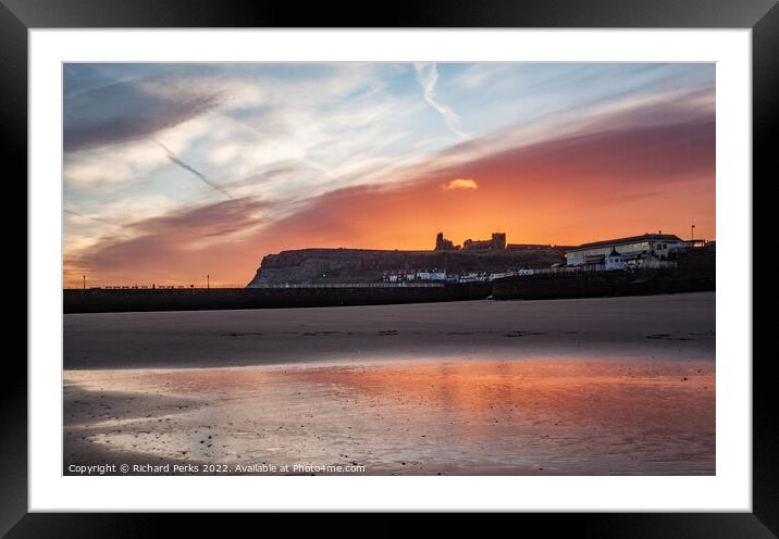 Fiery skies over Whitby Abbey Framed Mounted Print by Richard Perks