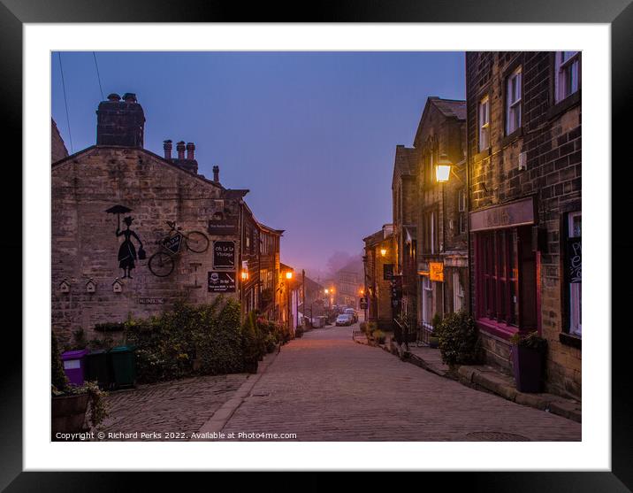 Haworth main street lights Framed Mounted Print by Richard Perks