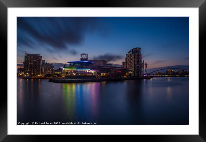 Twilight colours at Salford Quays Framed Mounted Print by Richard Perks