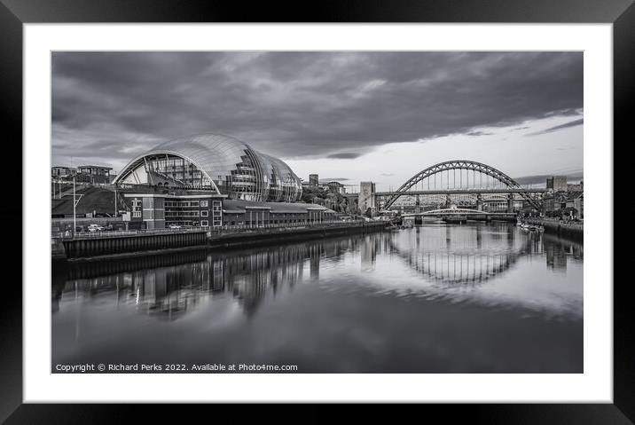 The Sage and Tyne Bridges monochrome Framed Mounted Print by Richard Perks