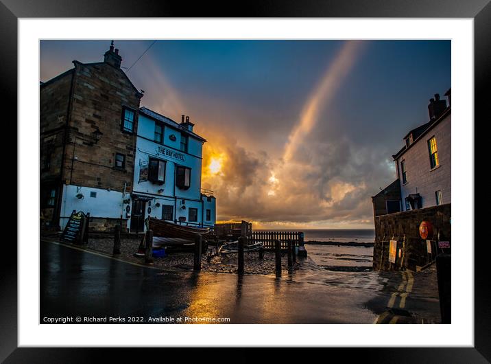 Rain Shower at Robin Hoods Bay Hotel Framed Mounted Print by Richard Perks