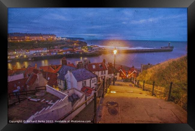 Whitby and the harbour from the 199 steps Framed Print by Richard Perks