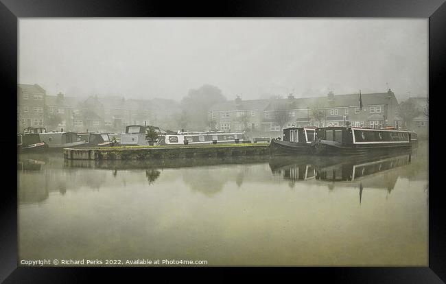 Canal barges in the Autumn mists Framed Print by Richard Perks