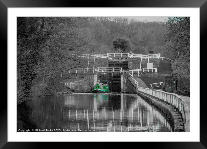 Narrowboat leaving bottom lock - Leeds Framed Mounted Print by Richard Perks