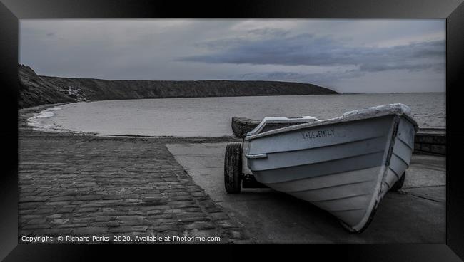 Emily and Katie`s boat on Filey Beach Framed Print by Richard Perks