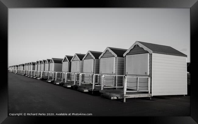 Moody Monochrome Beach Huts Framed Print by Richard Perks