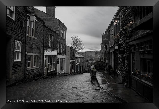 Rainy morning on the cobbles  Framed Print by Richard Perks