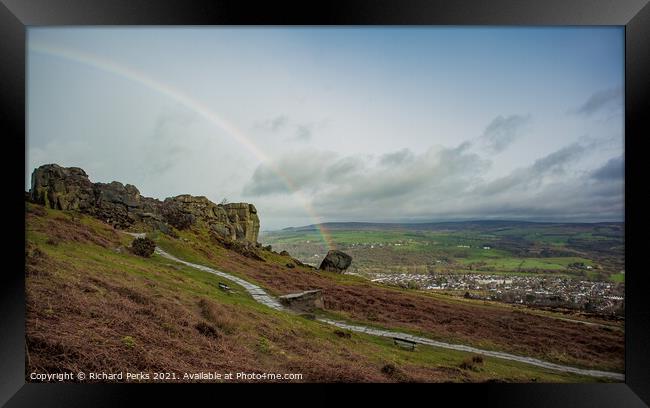 Rainbow over the Cow and Calf, Ilkley Moor Framed Print by Richard Perks