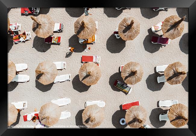 People On Beach, Aerial Beach Umbrellas Photography Framed Print by Radu Bercan