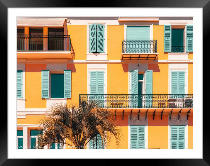 Charming Houses, Cannes City, Orange and Teal Framed Mounted Print by Radu Bercan