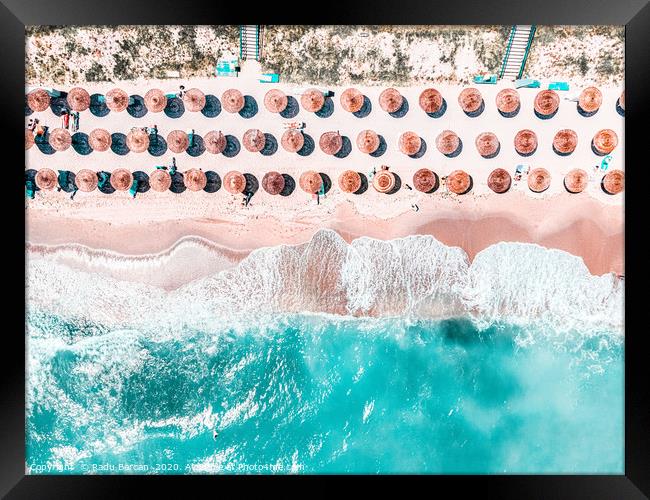 Aerial Ocean, Blue Sea And Beach, Round Umbrellas Framed Print by Radu Bercan