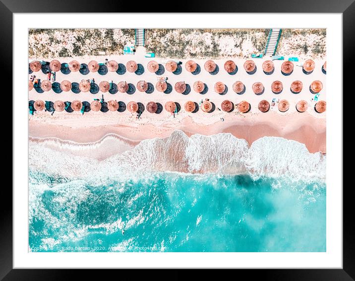 Aerial Ocean, Blue Sea And Beach, Round Umbrellas Framed Mounted Print by Radu Bercan