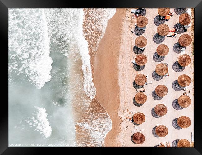 Aerial Beach Umbrellas, Ocean Beach Photography Framed Print by Radu Bercan