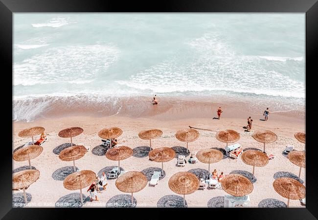 Aerial Beach Umbrellas Art Print, Sea Summer Vibes Print Framed Print by Radu Bercan