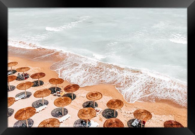 Summer Beach Umbrellas, Aerial Beach Australia Print, Ocean Waves Framed Print by Radu Bercan