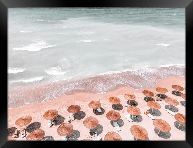 Aerial Coastal Beach Print, Ocean Beach Art Print, Summer Umbrellas Framed Print by Radu Bercan