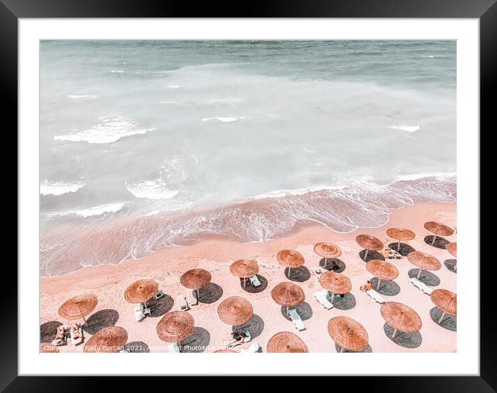 Aerial Coastal Beach Print, Ocean Beach Art Print, Summer Umbrellas Framed Mounted Print by Radu Bercan
