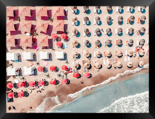 People Red Umbrellas On Beach, Aerial Sea Beach Print Framed Print by Radu Bercan