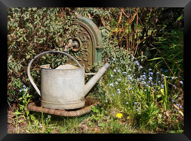Watering can in zinc on a fountain in cast iron Framed Print by aurélie le moigne