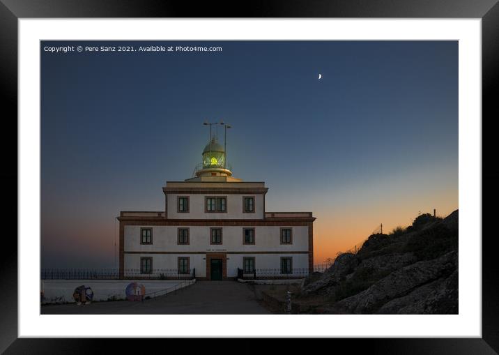 Green Light on Fisterra Lighthouse During Crescent Moon, Galicia Framed Mounted Print by Pere Sanz