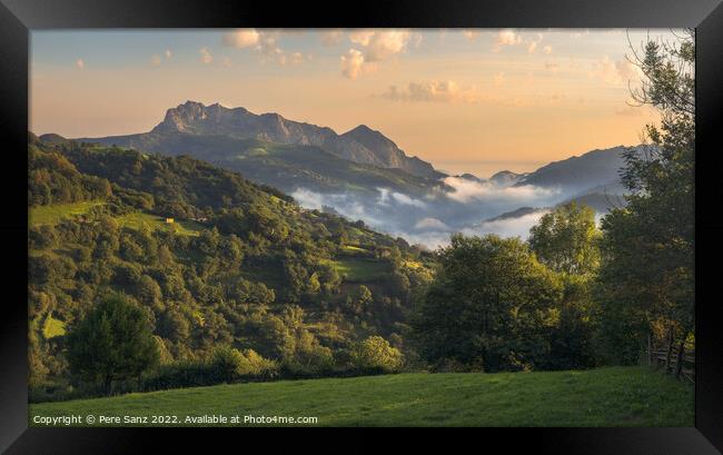 Beautiful Light over Monsacro Mountain at Dawn, Asturias Framed Print by Pere Sanz