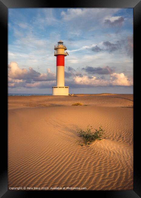 Lighthouse at El Fangar Beach at sunset,  Deltebre, Catalonia Framed Print by Pere Sanz