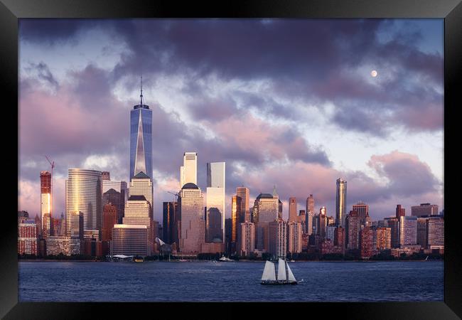 Lower Manhattan Skyline and moon rising at Blue Ho Framed Print by Pere Sanz