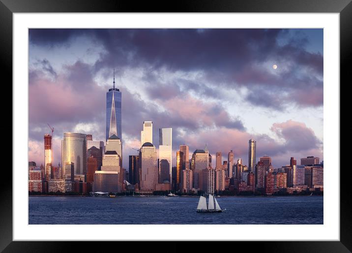 Lower Manhattan Skyline and moon rising at Blue Ho Framed Mounted Print by Pere Sanz