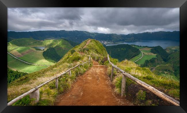 Walking path leading to a view in Sao Miguel Framed Print by Pere Sanz