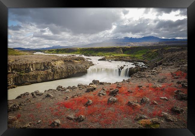 Thjofafoss Waterfall with Hekla Volcano on Top, a  Framed Print by Pere Sanz