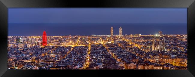 Barcelona skyline panorama at night Framed Print by Pere Sanz
